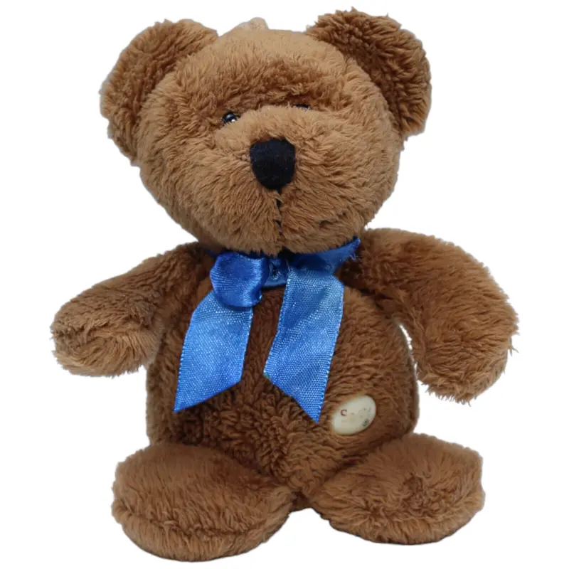 Dunkelbrauner Teddybär mit blauer Schleife