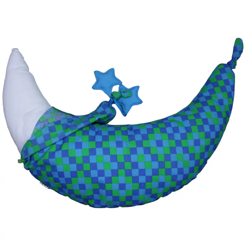 Halbmond mit Sternen, blau-grün kariert