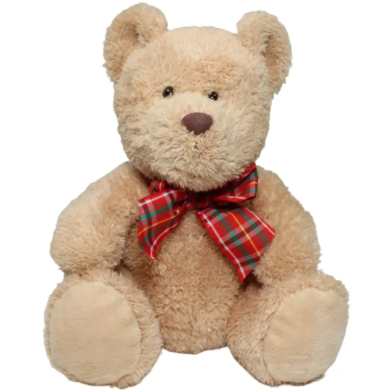 Zotteliger Teddybär mit karierter Schleife, sitzend